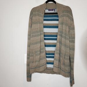 Ted Baker Wool- Blend green tan stripe zip sweater cardigan.  Size 5. XL.